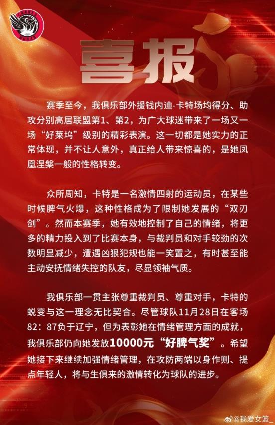 武汉女篮再度花式发奖 暴脾气卡特荣获10000元的好脾气奖